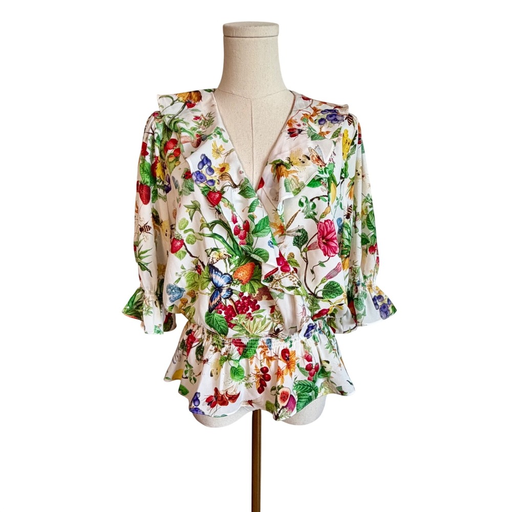 Philosophy Botanical Butterfly Floral Smocked Peplum Ruffle Wrap Blouse
Large
